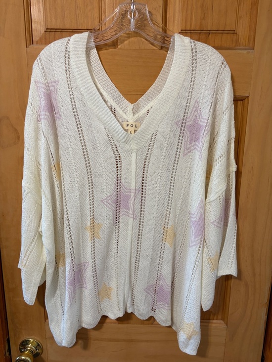POL Sweaters - POL Cream Open-Knit V-Neck Sweater with Pastel Stars